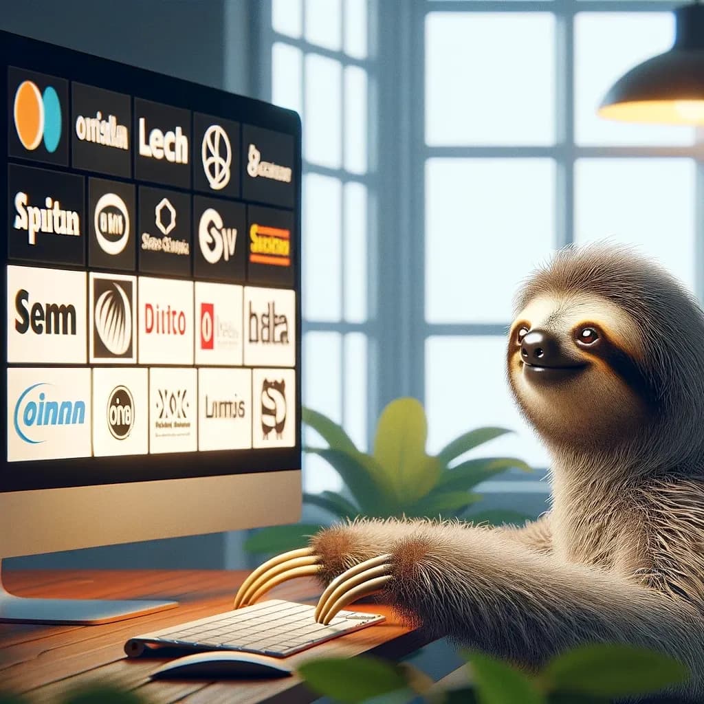 Sloth on computer looking at company logos