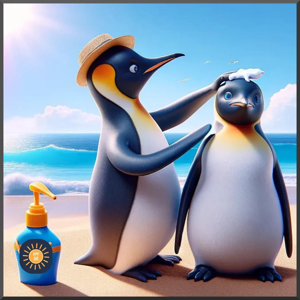 Penguins putting on suncream